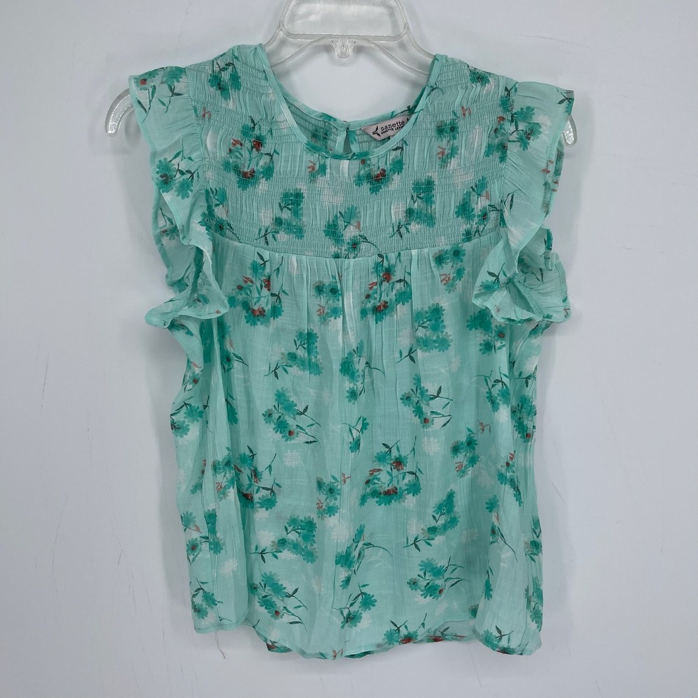 Nanette Lepore Women's Aqua Floral Crinkle Flutter Sleeve Smocked Blouse Size M